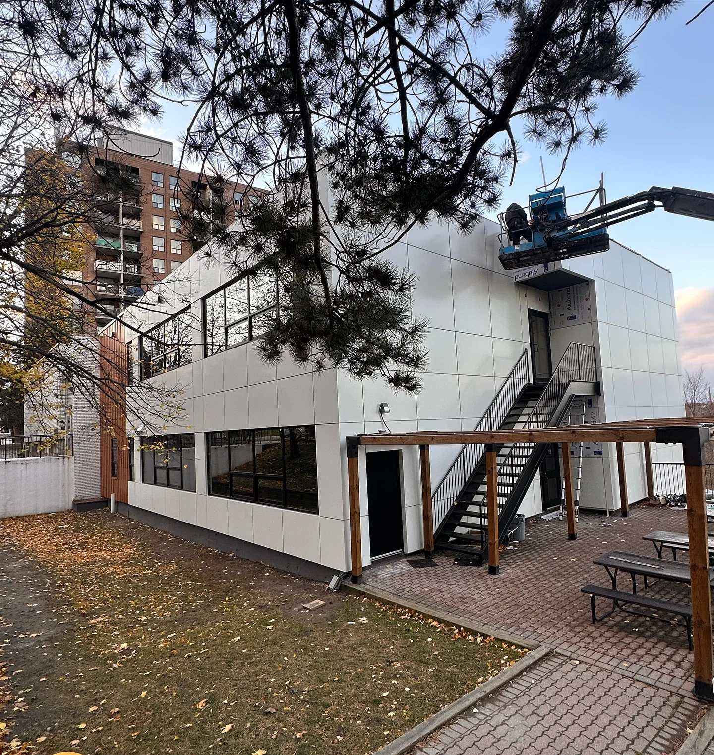 Another view of the ACM facade beside exterior stairs